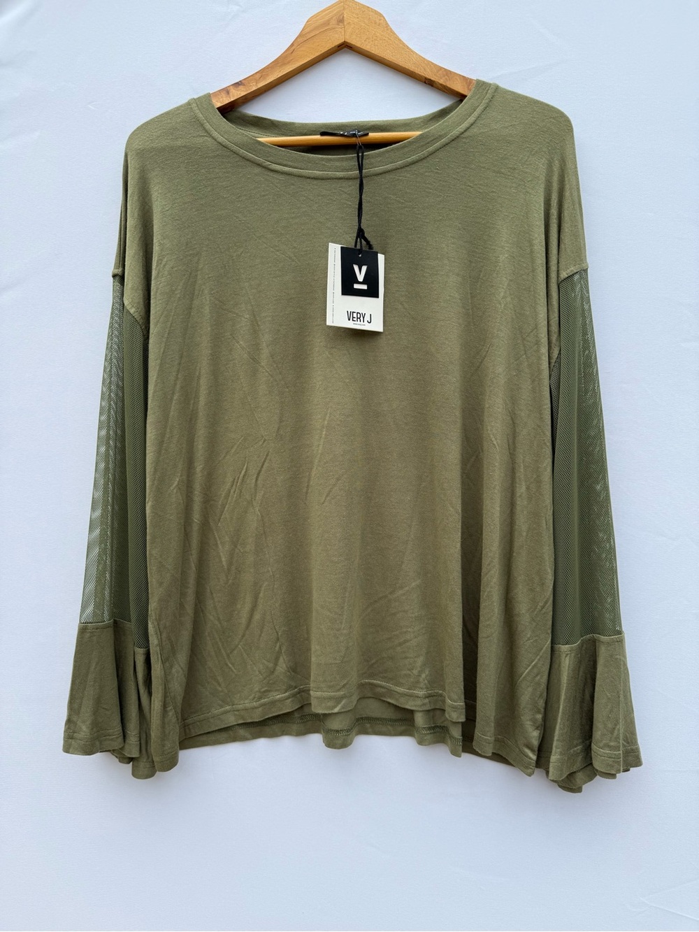 Very J Mesh Bell Sleeve Olive Green Long Sleeve Top, Size Large, NWT